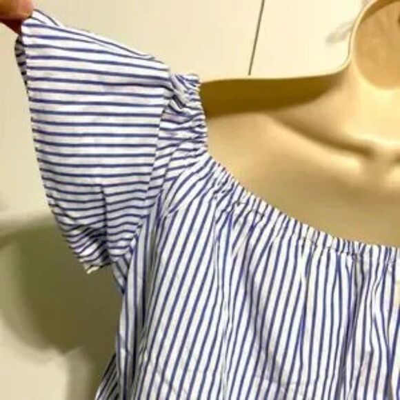 ZARA BASIC COLLECTION Nautical Blue White Stripes Over Shoulder Crop Top Large - Picture 9 of 15